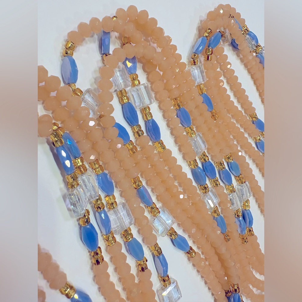NWT “PEACHEEZZZ” Crystalline Beads w/Clear, Blue & Gold accents up to 50 length - Picture 8 of 16